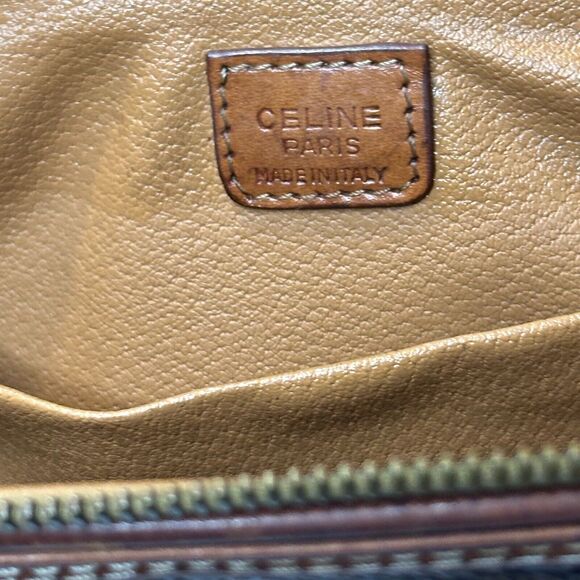 Celine Macadam Cosmetics Bag Top Zip Brown Leather Canvas Pouch Makeup Pockets - Picture 6 of 11
